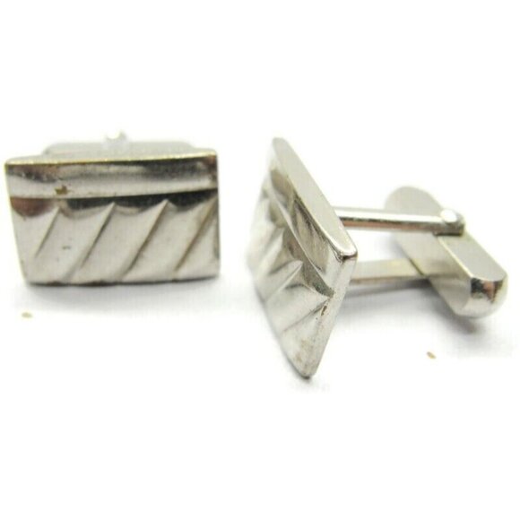 Rectangle Cufflinks Silver Tone Diagonal Patterned Tux Shirt Dress Suit Vintage - Picture 3 of 7